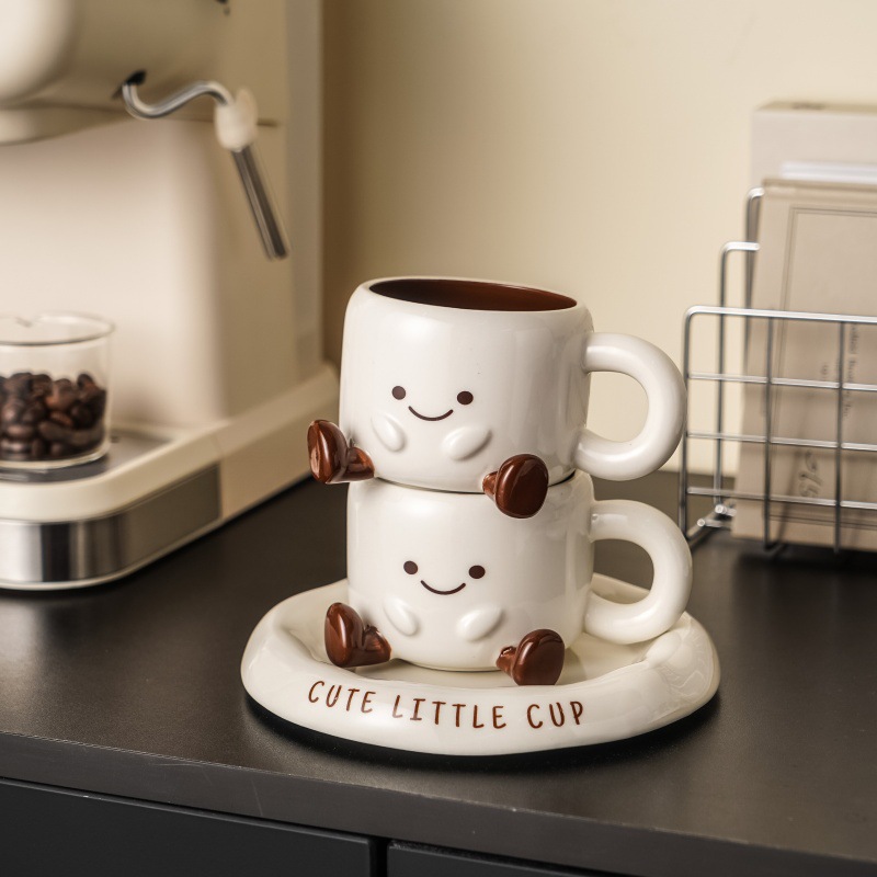 Coffee Tea Latte - Cute Smiley Ceramic Mug Set with
