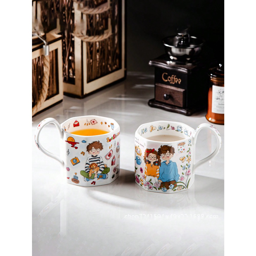 Draw Coffee And Tea - 1pc Hand-Painted Cartoon Ceramic Mug, Japanese